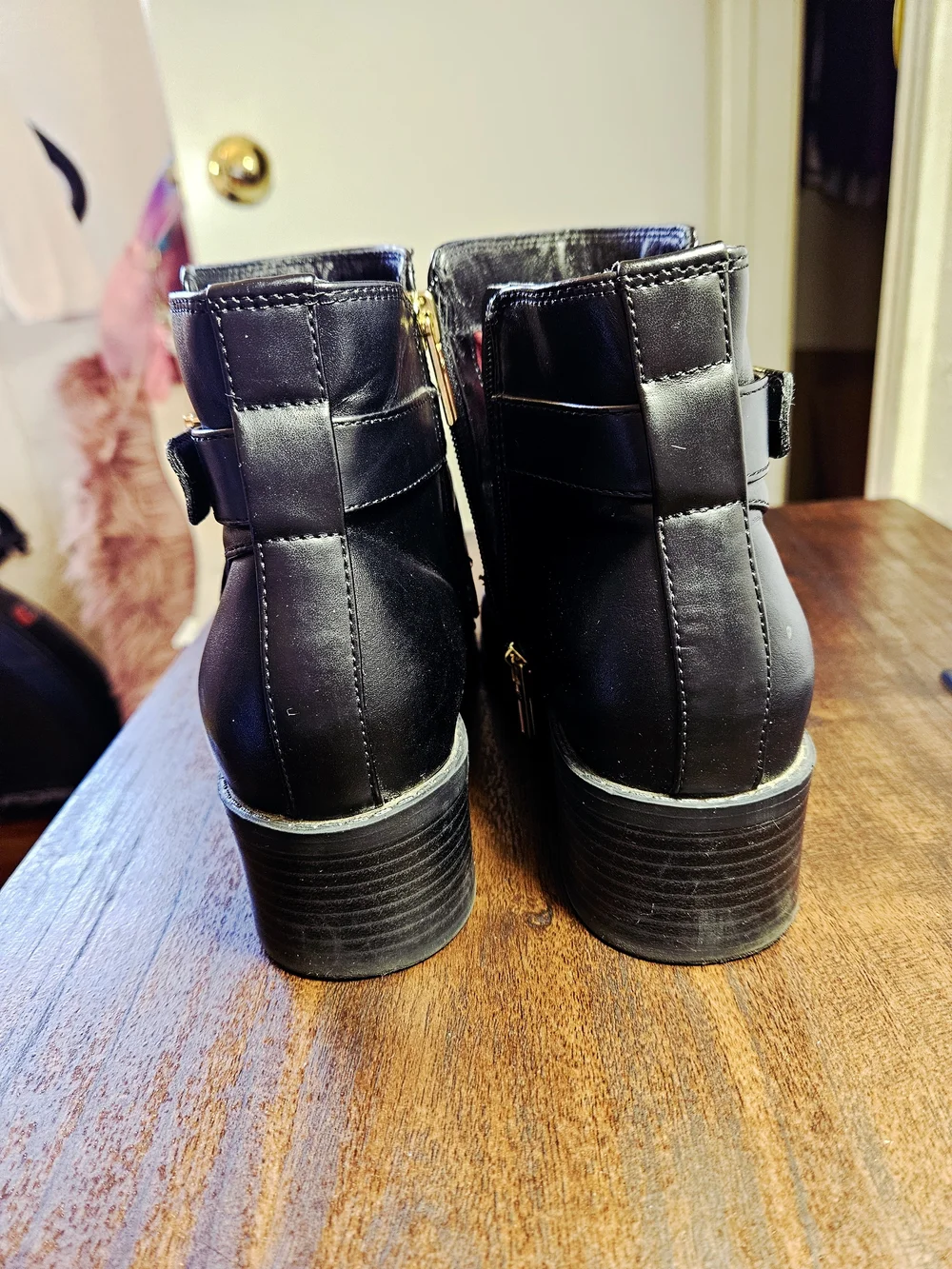 Tommy Hilfiger Black Leather Ankle Booties with Gold Logo Strap-Size 7